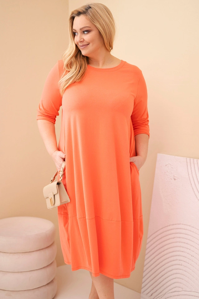 Plus Size women's cotton dress with rolled-up sleeves and pockets peach
