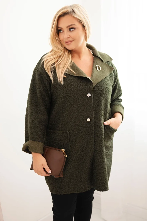 Dámský plášť Plus Size beránek s vlnou a kapsami khaki