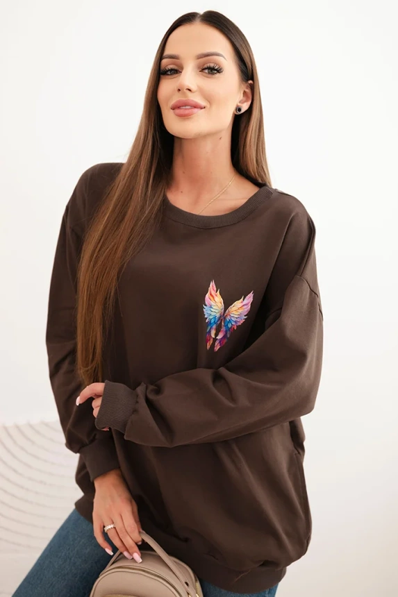 Damen Oversize Sweatshirt aus Baumwolle mit bunten Flügeln auf dem Rücken braun