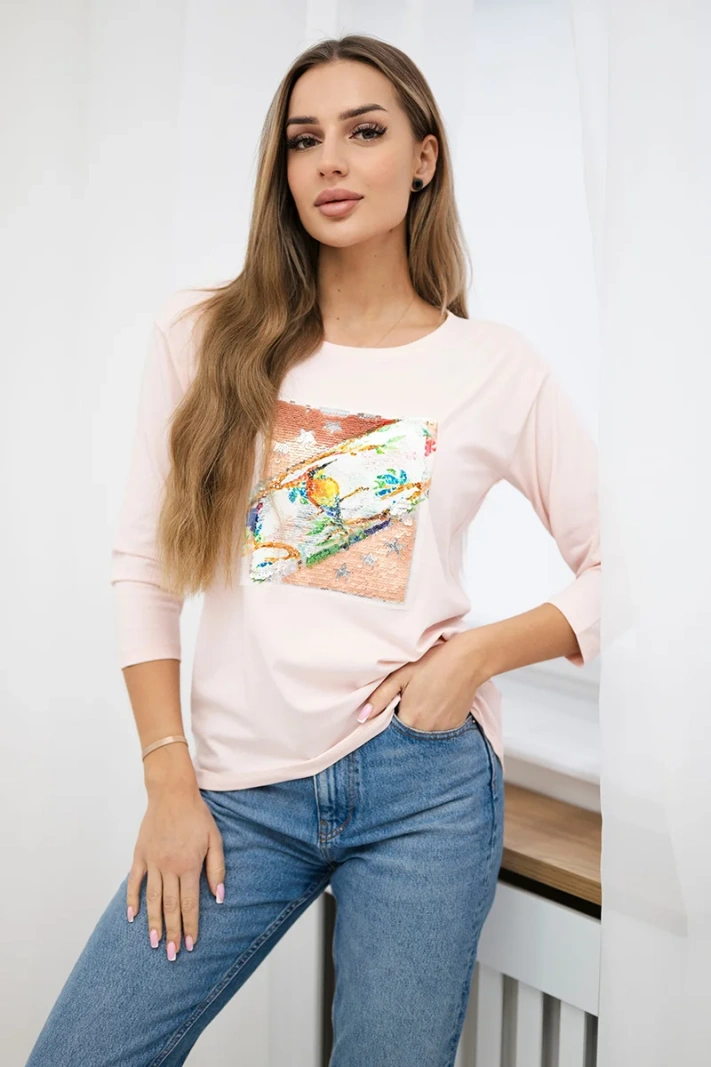 Blouse with graphics 3D Bird powdered pink