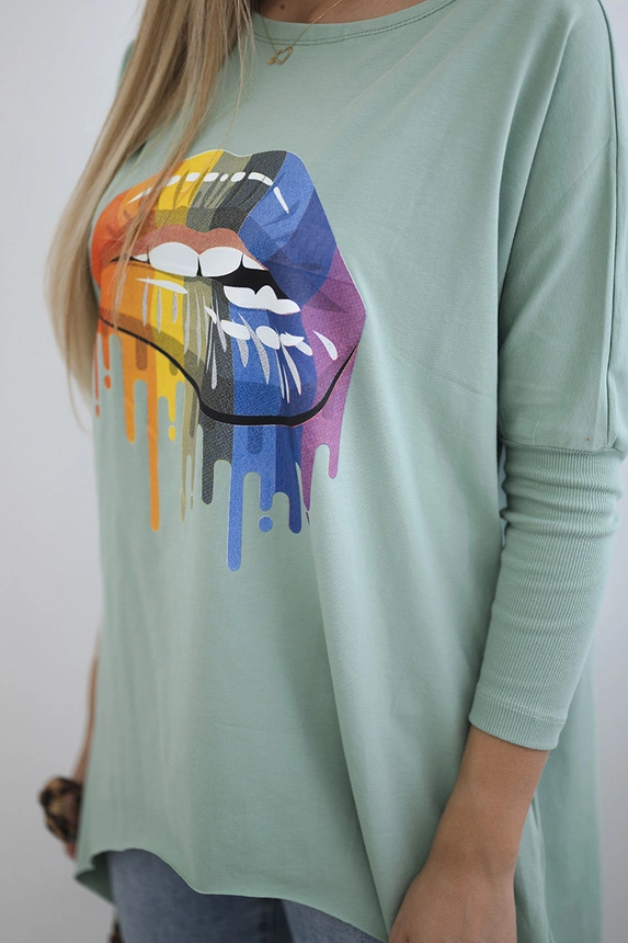 Blouse oversize with rainbow lips print dark mint