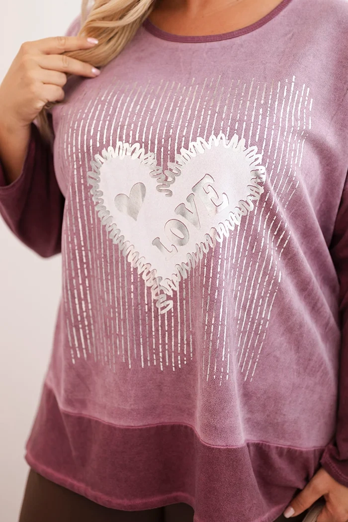 Moteriška Plus Size medvilninė palaidinė su širdies spauda ir raišteliais tamsiai rožinė