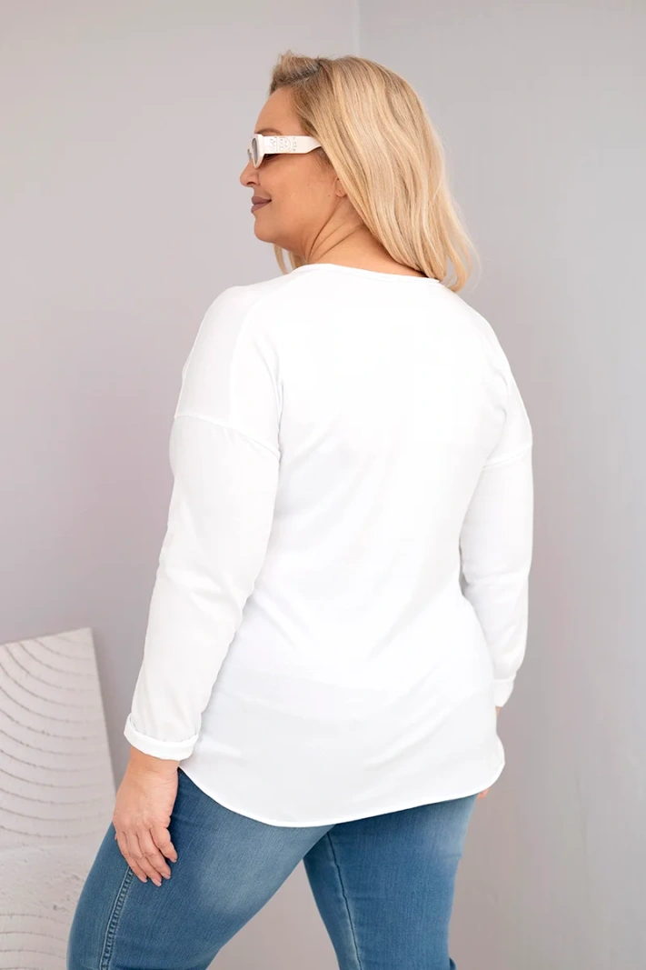 Women's Plus Size distressed blouse with a V-neck and longer back white