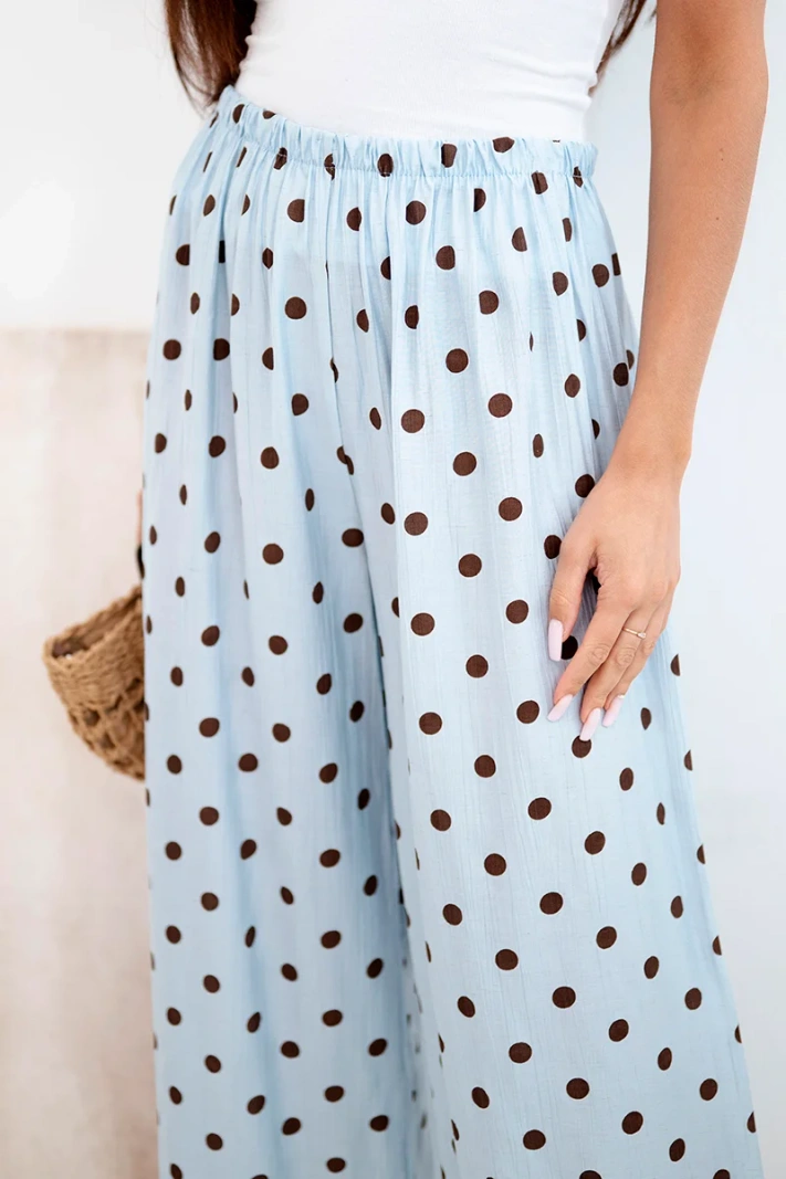 Women's wide polka dot summer trousers with an elastic waistband blue