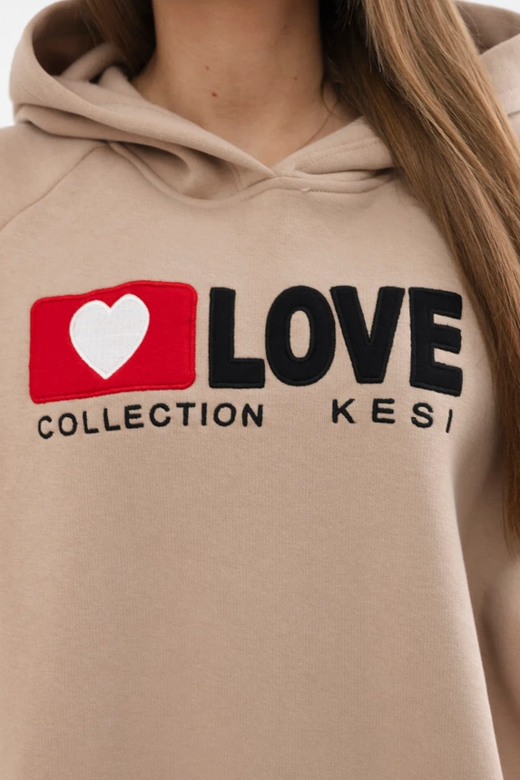 Insulated cotton sweatshirt with a hood Love dark beige
