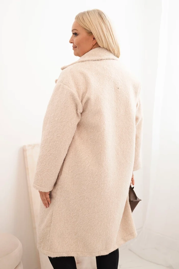Dámský kabát Plus Size s vlnou a velkým límcem béžový