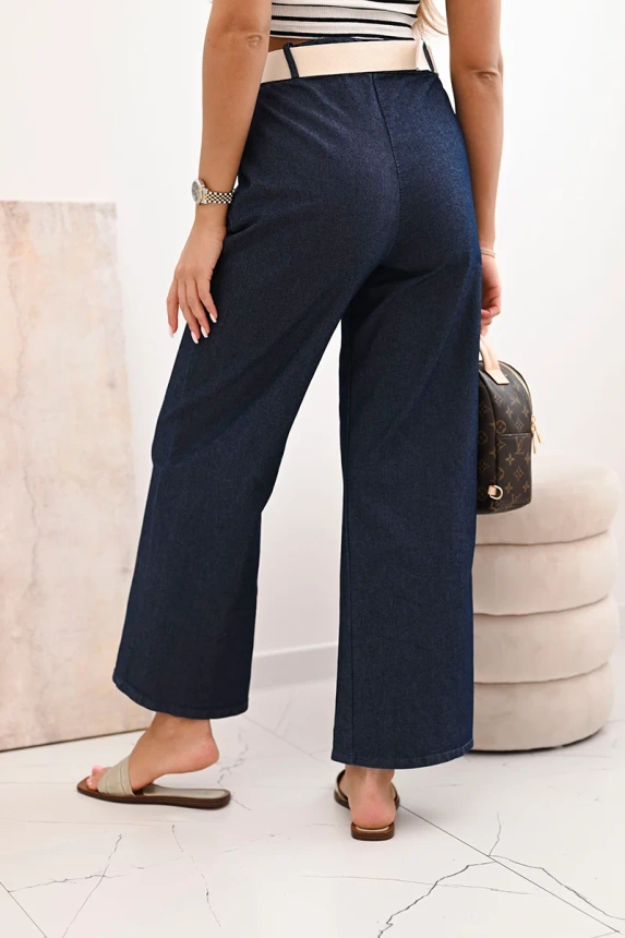 Women's cotton pants with wide legs and a belt - dark denim