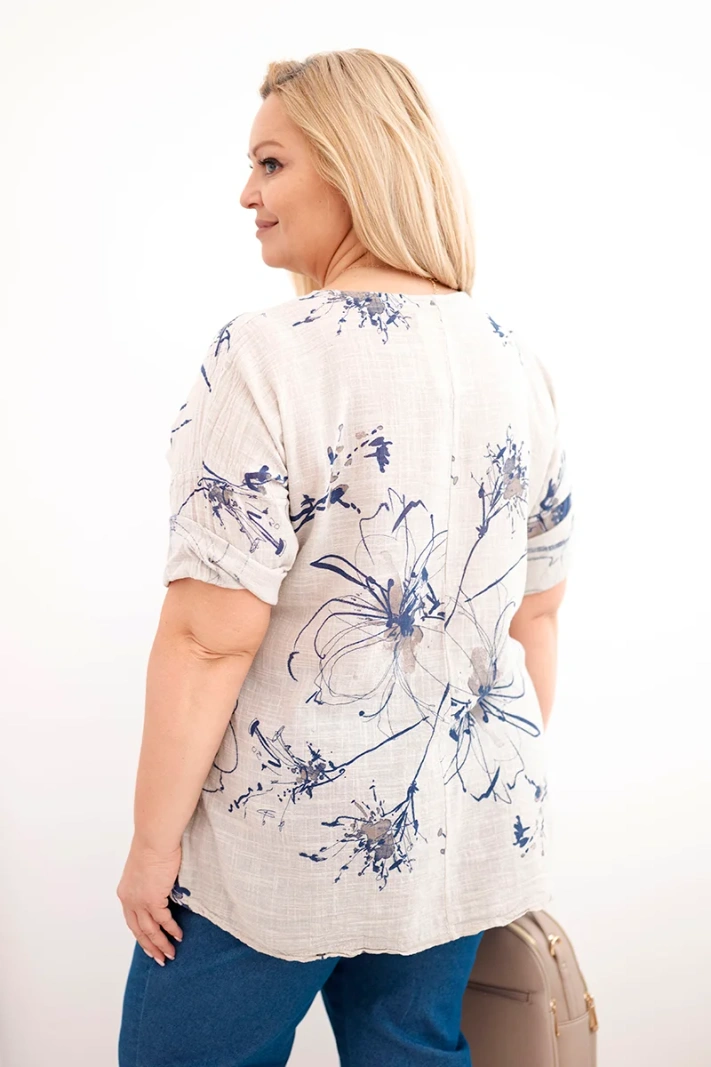 Dámska bavlnená blúzka Plus Size s krátkym rukávom a vreckom béžová