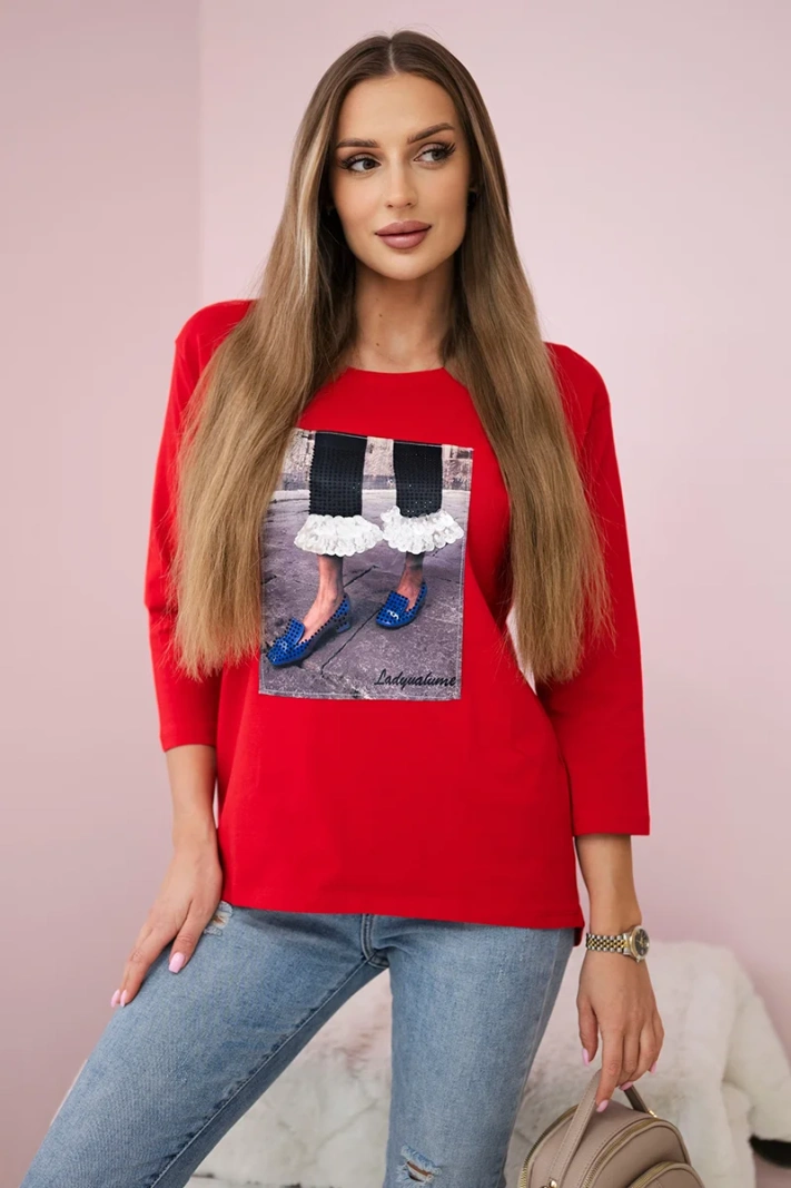 3D Grafik Bluse mit Zirkonia rot