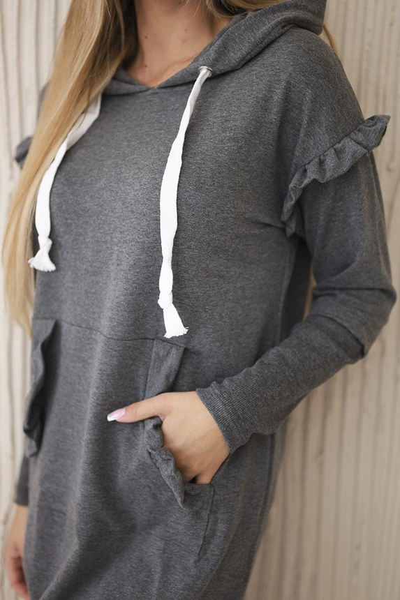 Kleid mit dekorativen Rüschen und Kapuze in graphit