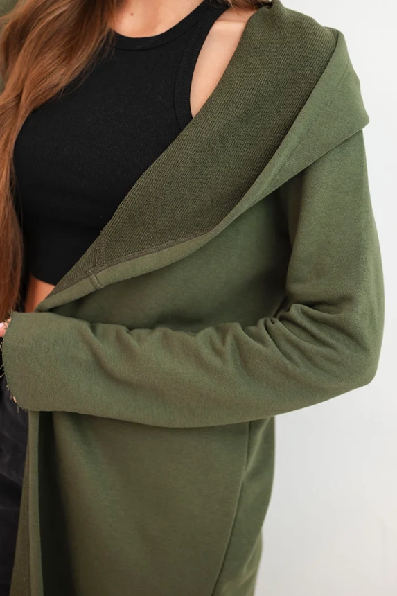 Women's cotton hooded cardigan with an elongated front khaki