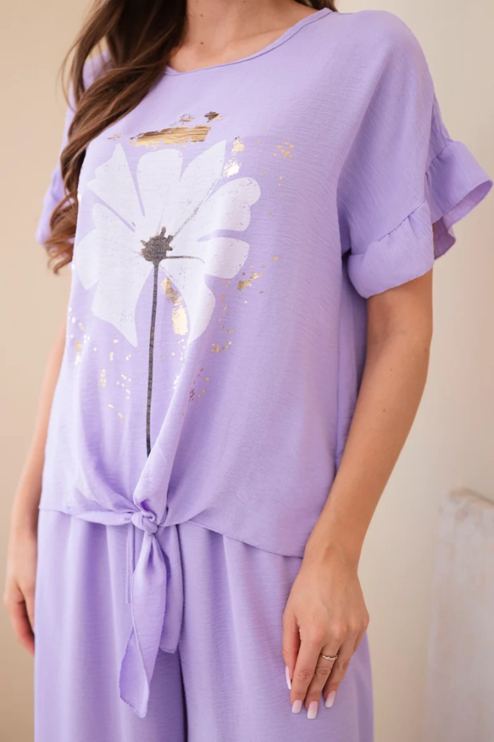 Damen-Viskose-Set mit bedruckter Bluse und Hose hellviolett