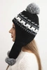 Women's winter wool hat with ear flaps and pom-poms K436 black + graphite
