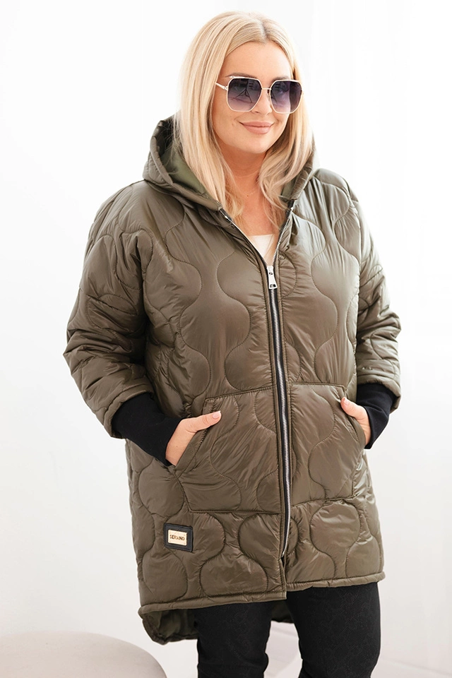Kurtka damska zimowa Plus Size pikowana z kapturem khaki