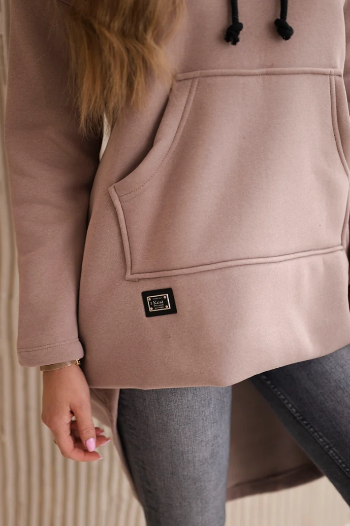 Padded sweatshirt with long back and hood dark beige