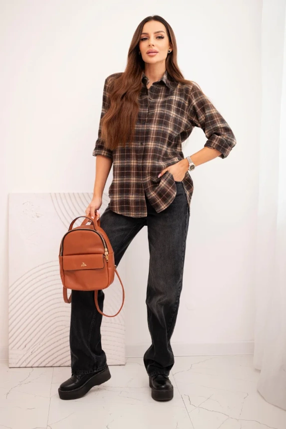 Women's cotton checkered shirt with a longer back brown + camel