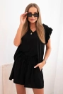 Damenensemble aus Viskose, Bluse mit Rüschen und kurzen Shorts schwarz