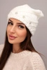 Women's winter wool hat with decorative rhinestones and woven pattern K396 white