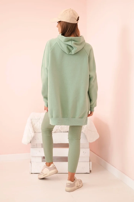 Women's cotton set with a hooded sweatshirt and high-waisted leggings dark mint