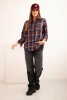 Women's cotton plaid shirt with a longer back navy