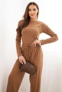 Women's viscose set with a blouse and wide trousers camel