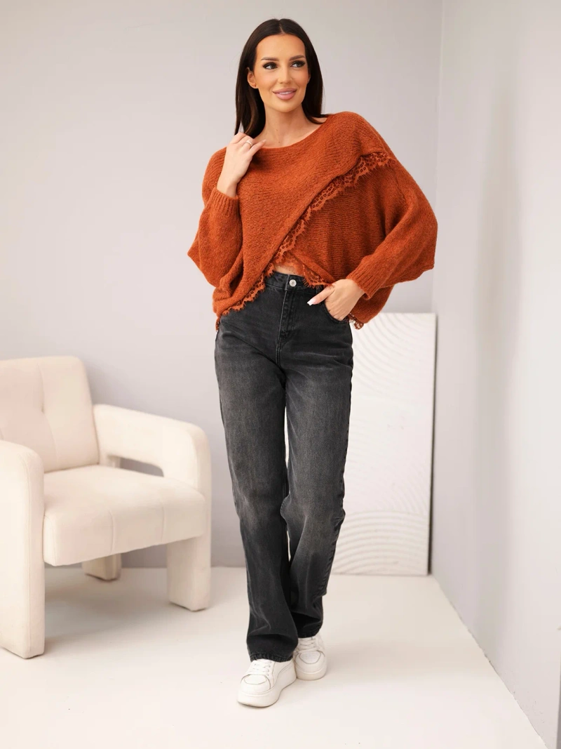 Women’s asymmetrical sweater with lace insert ginger
