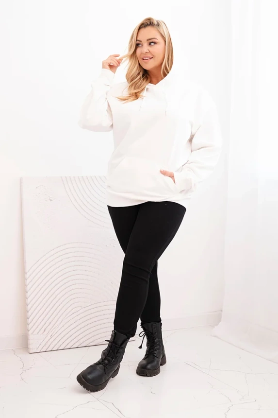 Dámska mikina s kapucňou a klokankou Plus Size z bavlny biela