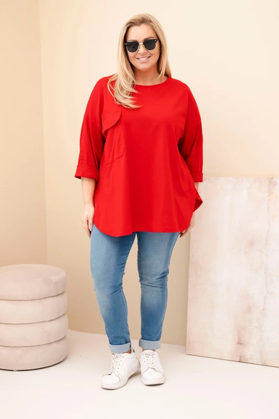 Dámská blůza Plus Size s bavlnou, kapsou a ohrnutým rukávem červená