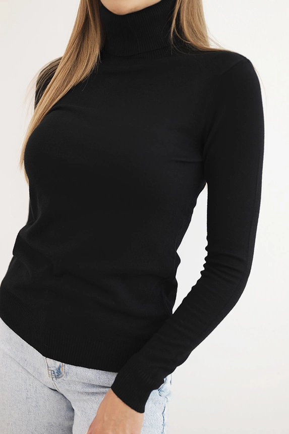 Damenpullover aus Viskose mit Rollkragen und langen Ärmeln schwarz