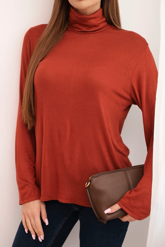 Women's viscose blouse with a turtleneck and long sleeves brown