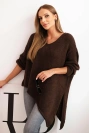 Moteriška vilnonė asimetrinė Plus Size megztinis su V formos iškirpte rudas