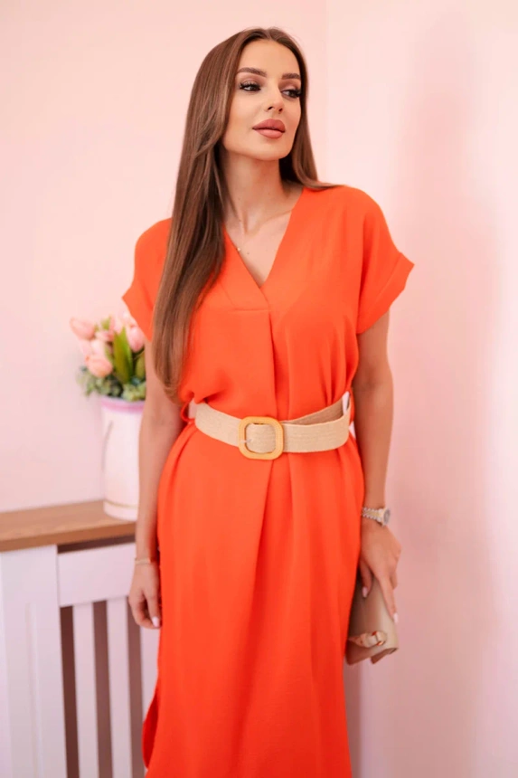 Dress with a decorative belt dark orange