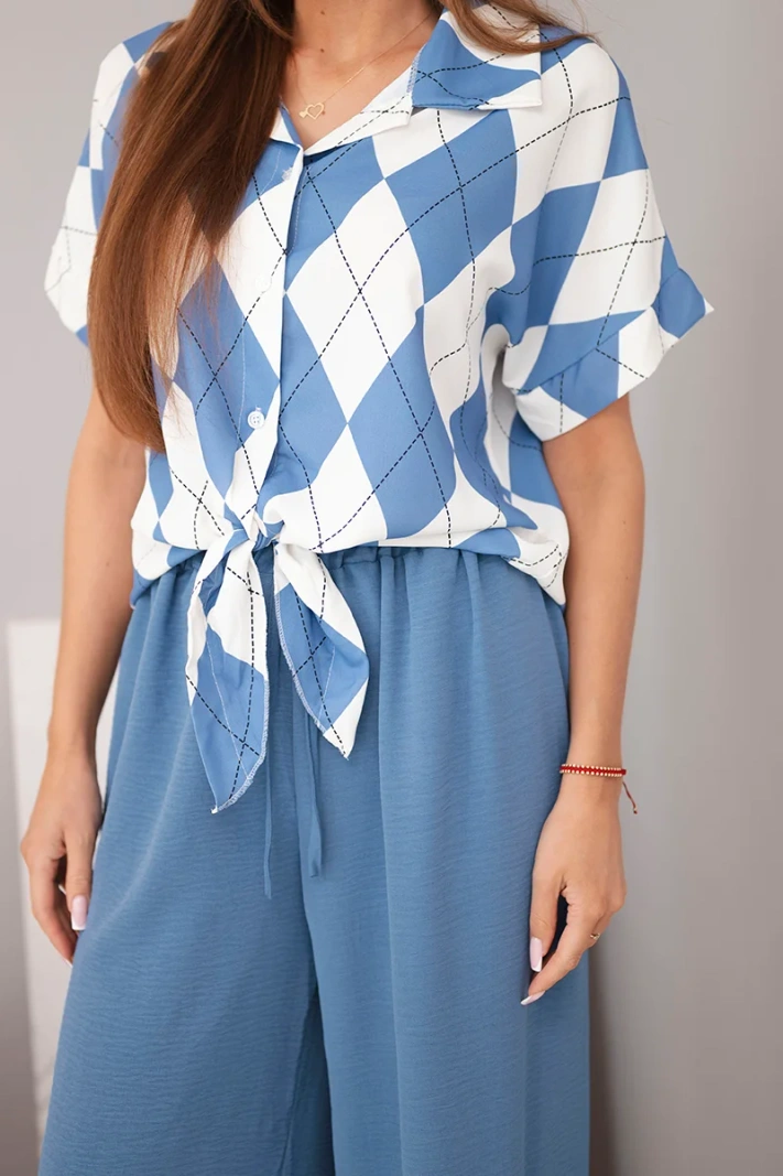 Women's viscose set shirt with tie and elastic waistband trousers denim