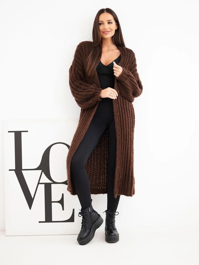 Long openwork long women's cardigan without fastening with wide sleeve brown