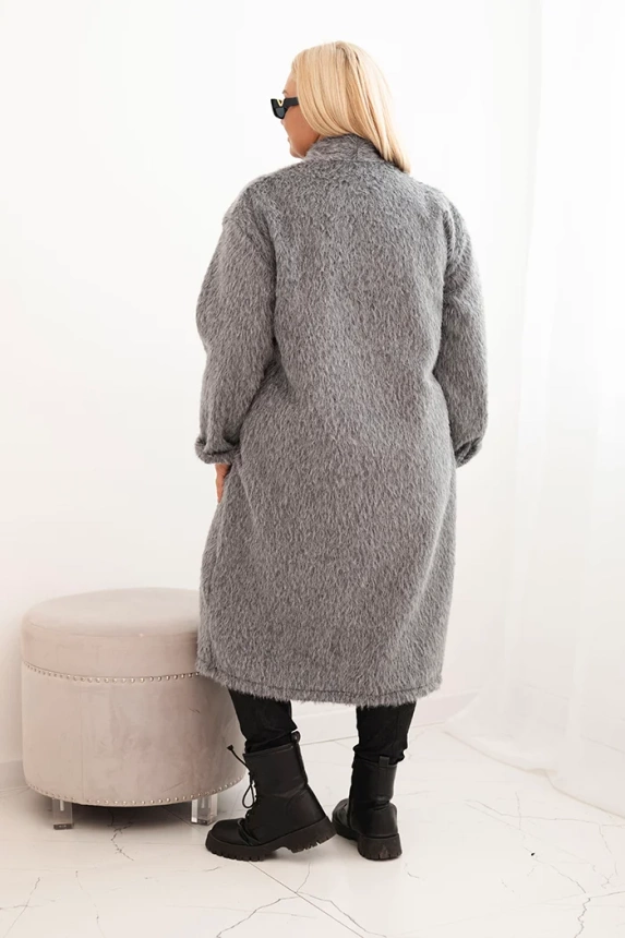 Moteriškas paltas Plus Size iš viskozės be užsegimo su kišenėmis pilkas