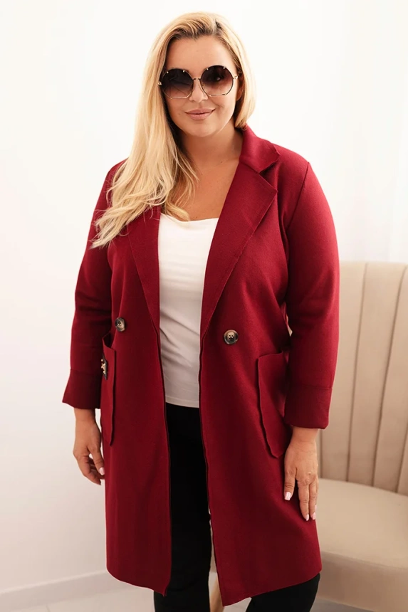 Elegant Plus Size women's coat with a collar and large pockets burgundy
