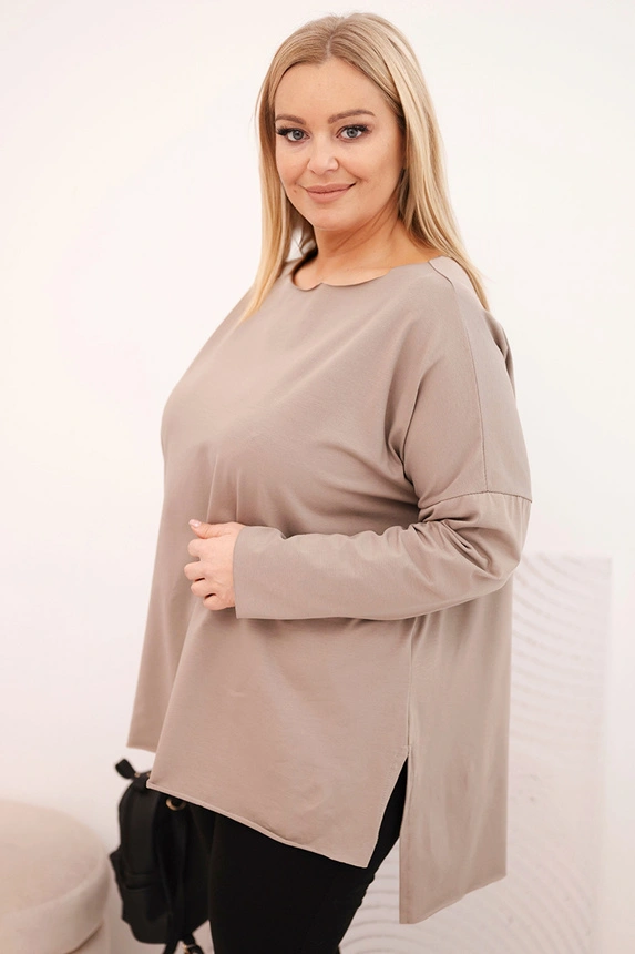 Dámska bavlnená blúzka Plus Size asymetrická s dlhým rukávom fango