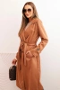 Women's suede coat tied at the waist with collar and buttons camel