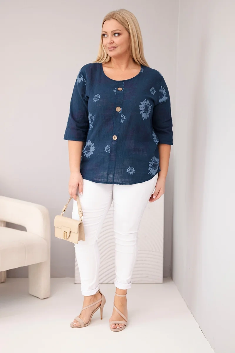 Bluzka damska bawełniana Plus Size z krótkim rękawem i guzikami jeansowa