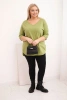 Dámska bavlnená blúzka Plus Size s V-výstrihom a vyhrnutým rukávom olivová