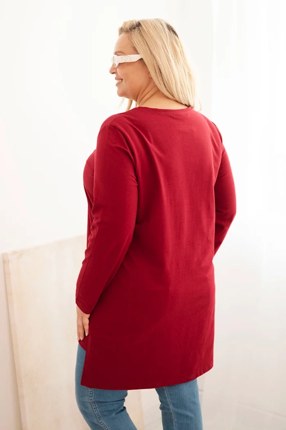 Damenbluse Plus Size aus Baumwolle mit Aufdruck und V-Ausschnitt burgunderrot