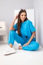 Damen-Set aus Baumwolle mit Kurzarmbluse und Jogginghose türkis