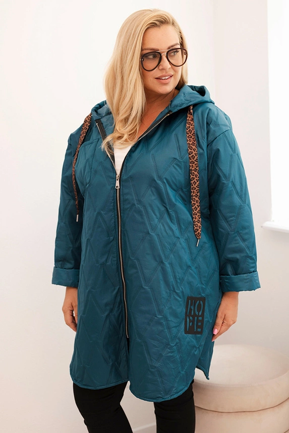 Damenjacke Plus Size gesteppte mit Kapuze und dem Schriftzug HOPE türkis