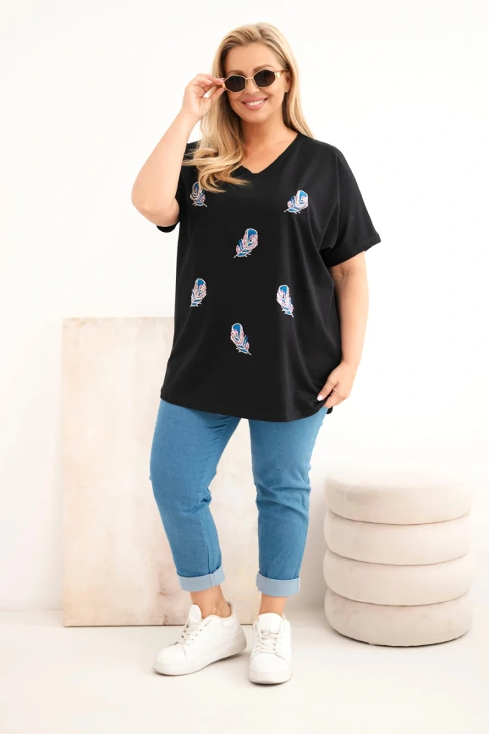 Dámská bavlněná halenka Plus Size s peříčky černá