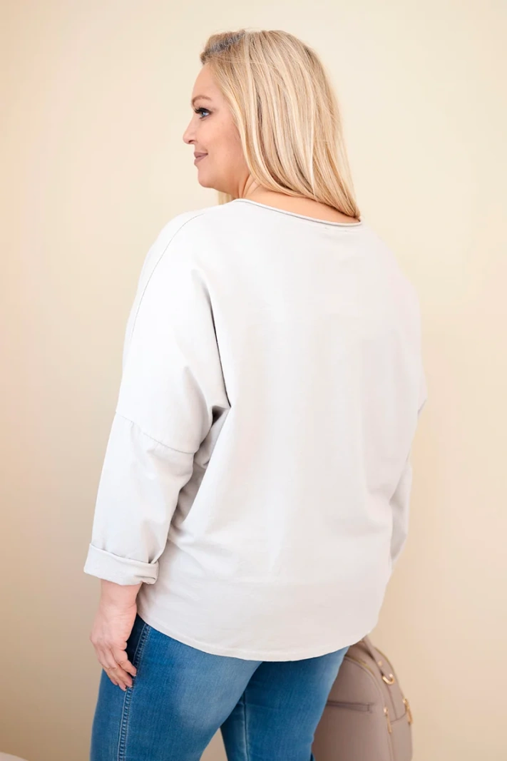 Dámská bavlněná blůza Plus Size s výstřihem do V béžová