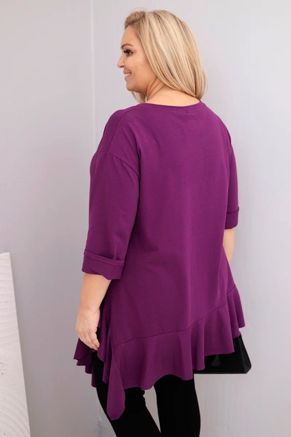 Plus Size women's blouse with cotton, featuring ruffles and rolled sleeves dark purple