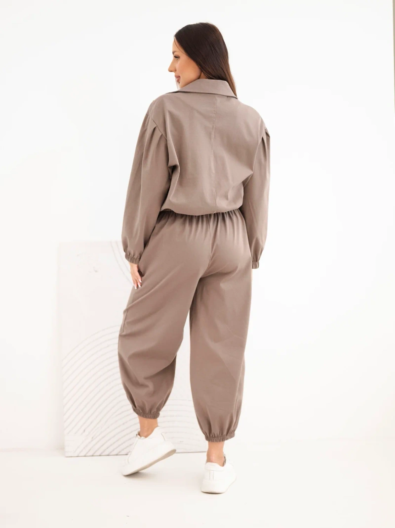 Women's cotton set with collar and jogger pants fango color