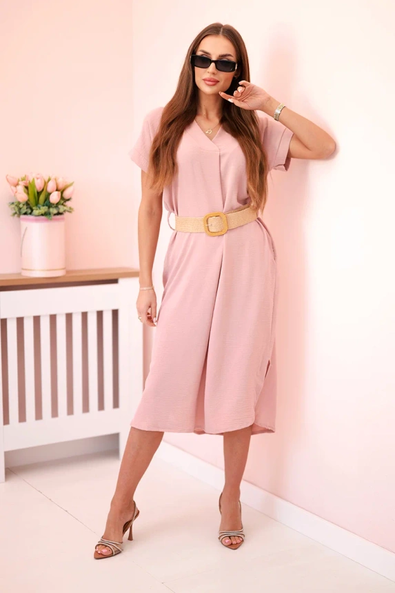 Dress with a decorative belt dark powdered pink