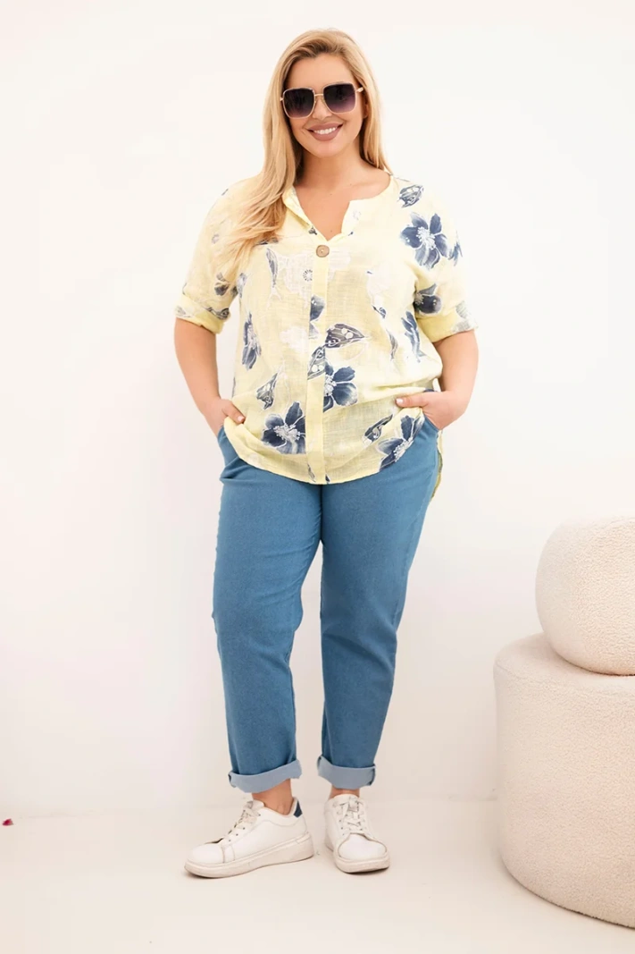 Women's cotton plus-size blouse with floral pattern yellow