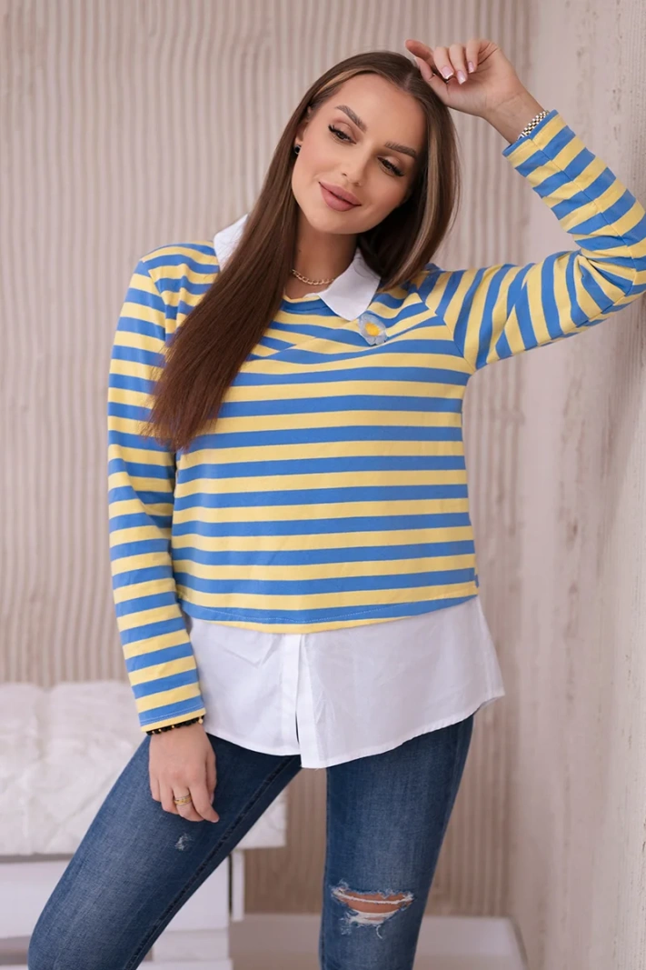 Striped cotton blouse with collar jeans+yellow